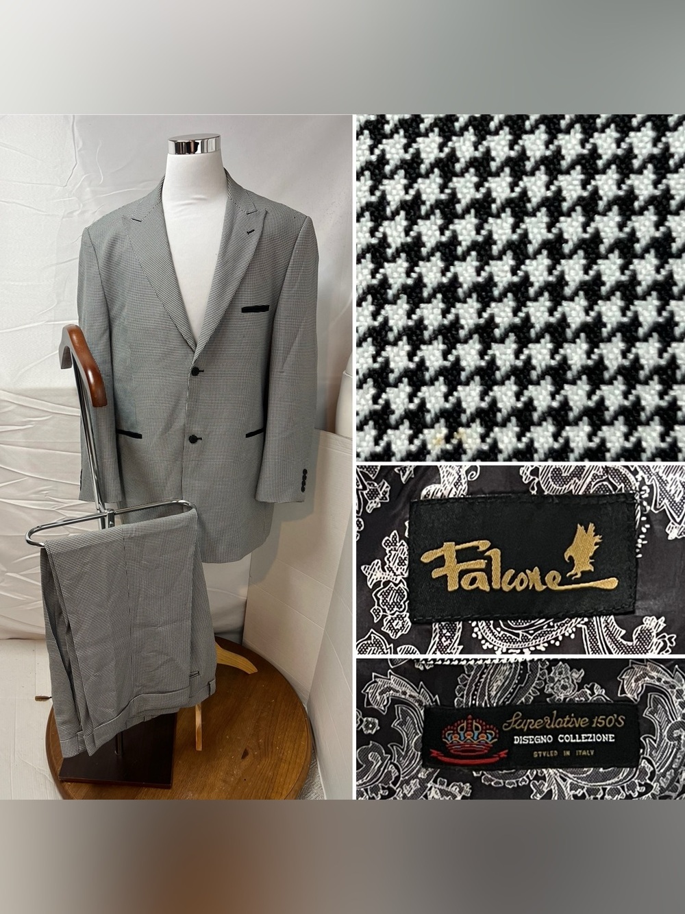 Falcone Men's 50L Blazer 45x28 Pants Black White Houndstooth Suit